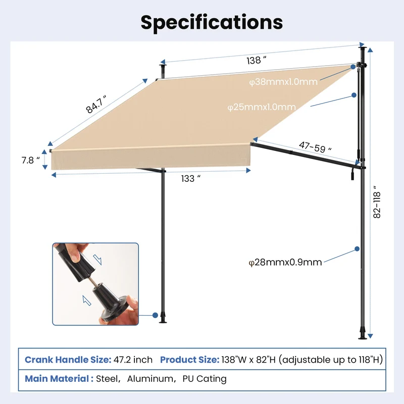 No Drilling | Retractable | Awning | Outdoor Sun Shade