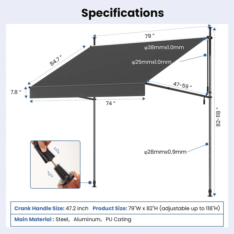 No Drilling | Retractable | Awning | Outdoor Sun Shade