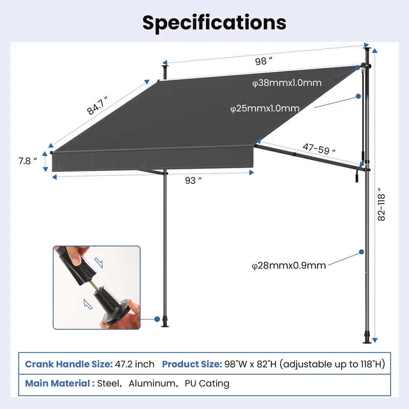 No Drilling | Retractable | Awning | Outdoor Sun Shade