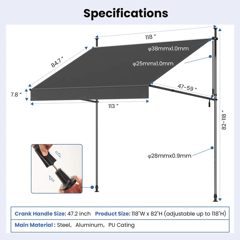 No Drilling | Retractable | Awning | Outdoor Sun Shade