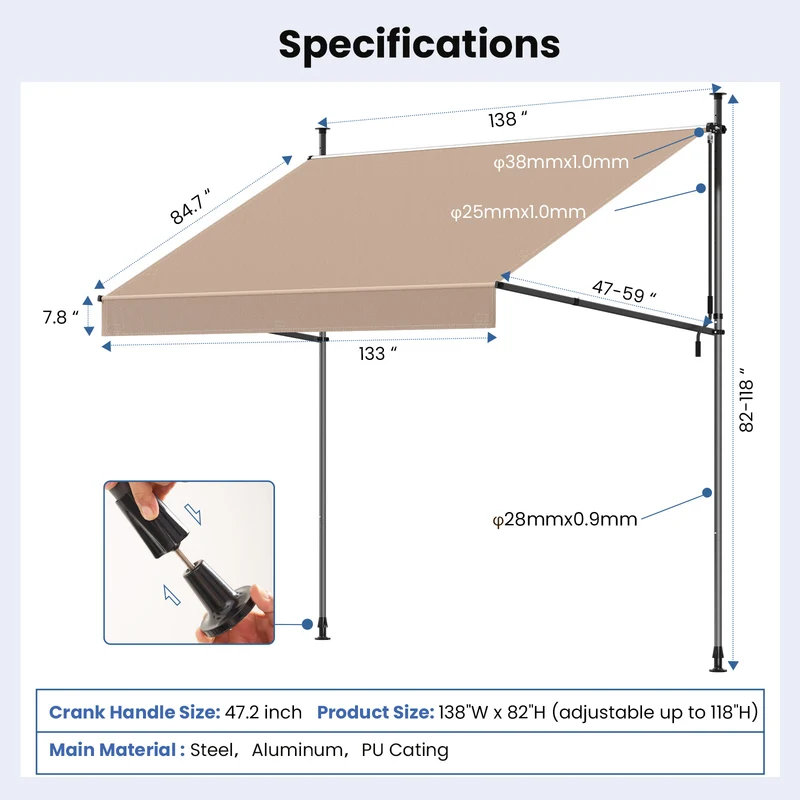 No Drilling | Retractable | Awning | Outdoor Sun Shade