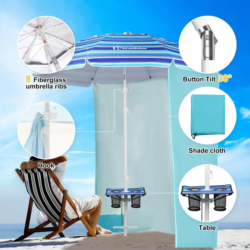 7ft | Built-in Table Tray & Hook & Shade Cloth | Beach Umbrella