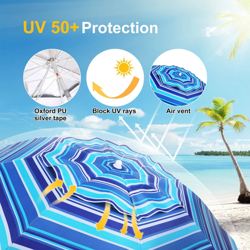 7ft | Built-in Table Tray & Hook & Shade Cloth | Beach Umbrella