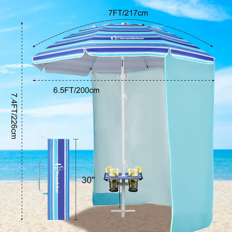 7ft | Built-in Table Tray & Hook & Shade Cloth | Beach Umbrella