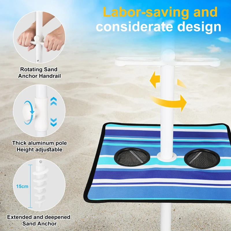 7ft | Built-in Table Tray & Hook & Shade Cloth | Beach Umbrella