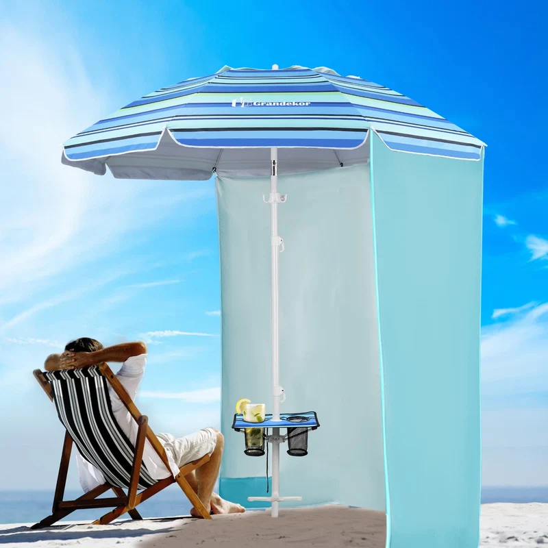 7ft | Built-in Table Tray & Hook & Shade Cloth | Beach Umbrella