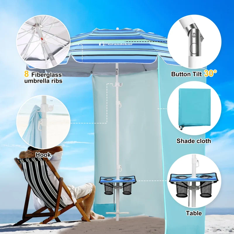 7ft | Built-in Table Tray & Hook & Shade Cloth | Beach Umbrella