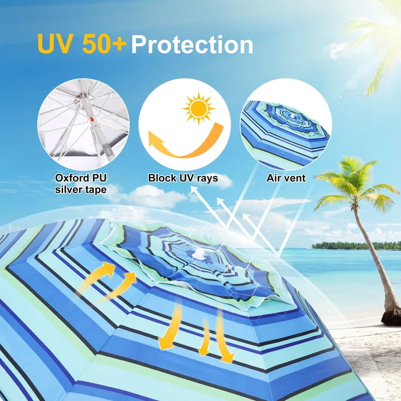 7ft | Built-in Table Tray & Hook & Shade Cloth | Beach Umbrella