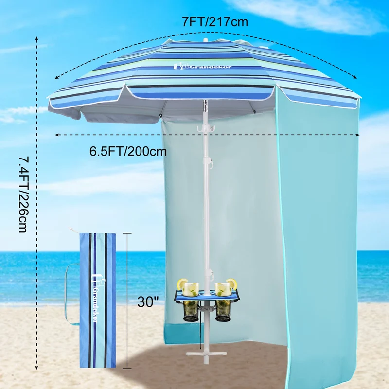7ft | Built-in Table Tray & Hook & Shade Cloth | Beach Umbrella