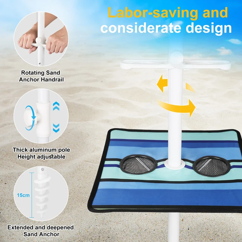 7ft | Built-in Table Tray & Hook & Shade Cloth | Beach Umbrella