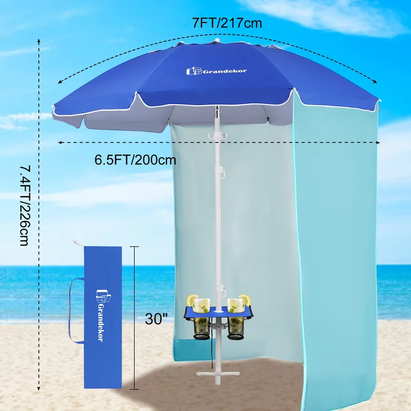 7ft | Built-in Table Tray & Hook & Shade Cloth | Beach Umbrella