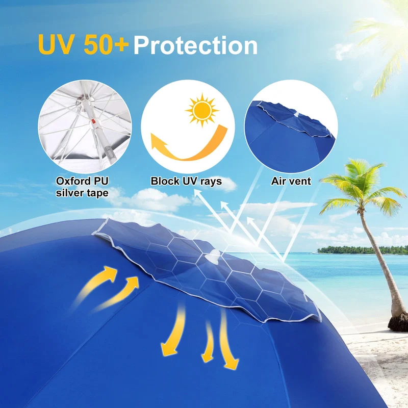 7ft | Built-in Table Tray & Hook & Shade Cloth | Beach Umbrella