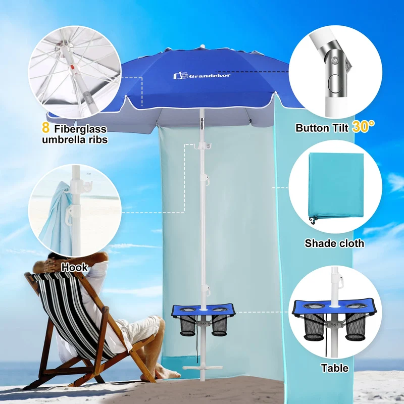 7ft | Built-in Table Tray & Hook & Shade Cloth | Beach Umbrella