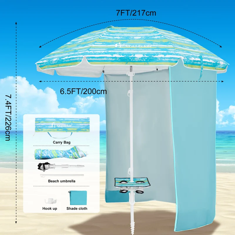 7ft | Built-in Table Tray & Hook & Shade Cloth | Beach Umbrella