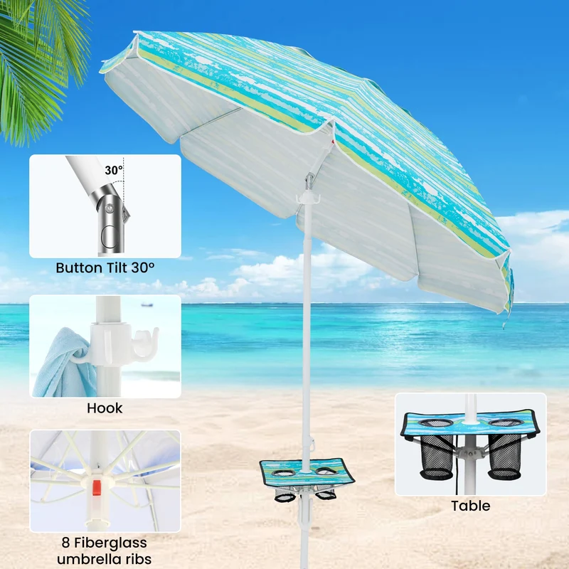 7ft | Built-in Table Tray & Hook & Shade Cloth | Beach Umbrella