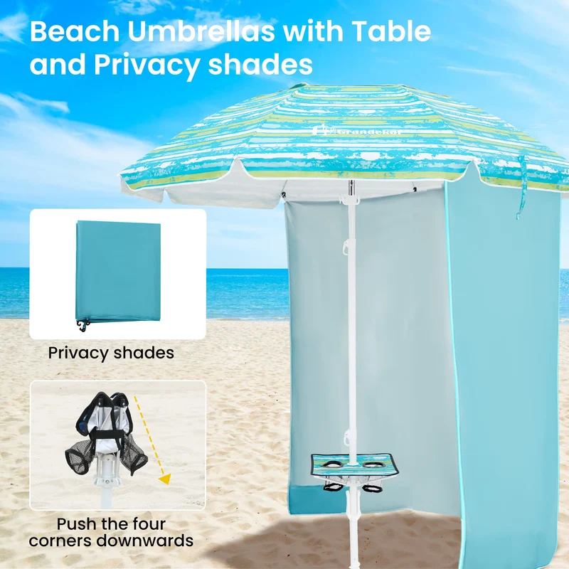 7ft | Built-in Table Tray & Hook & Shade Cloth | Beach Umbrella