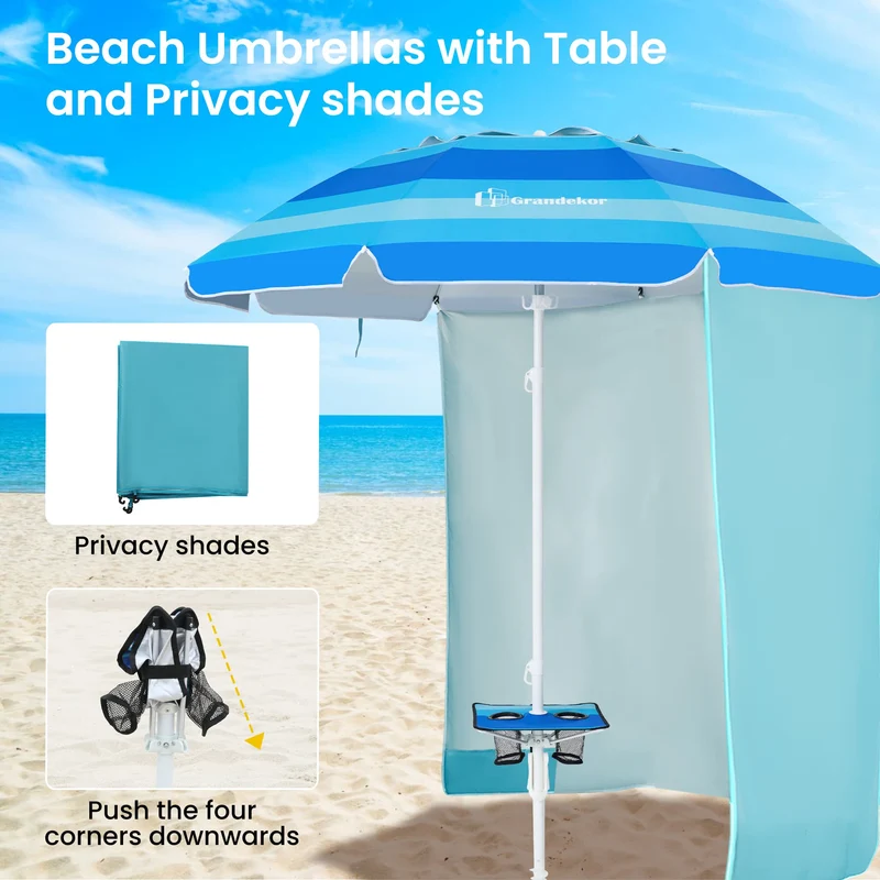 7ft | Built-in Table Tray & Hook & Shade Cloth | Beach Umbrella