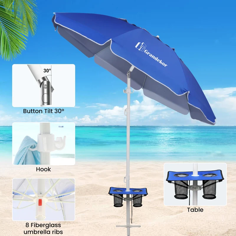 7ft | Built-in Table Tray & Hook | Beach Umbrella