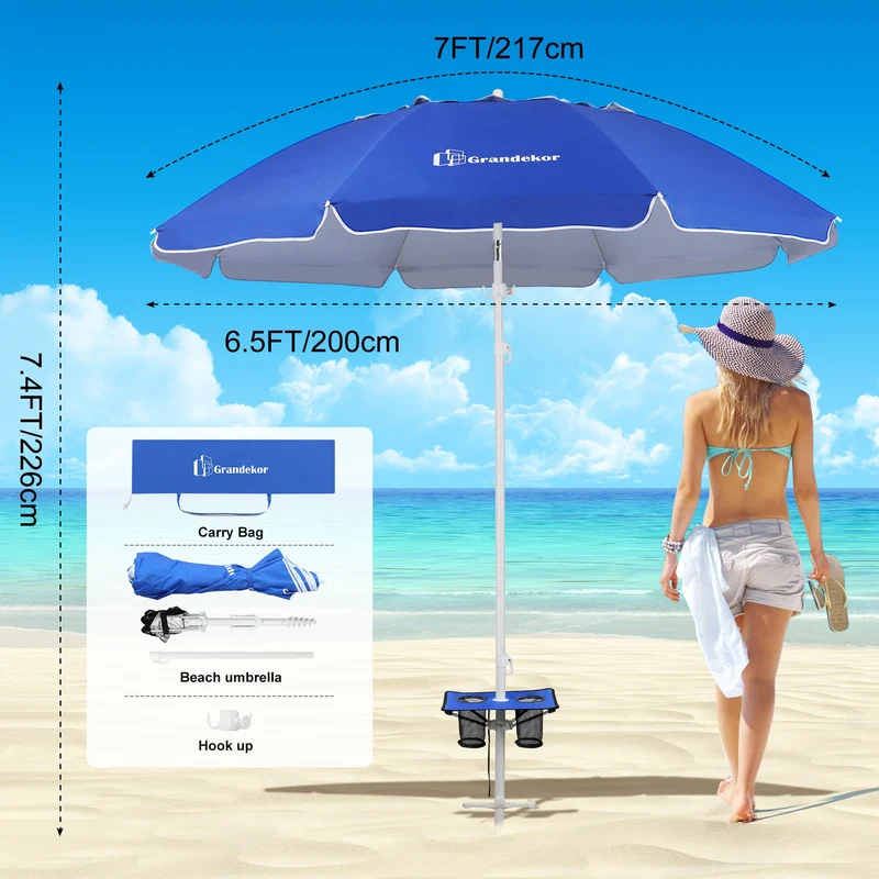 7ft | Built-in Table Tray & Hook | Beach Umbrella