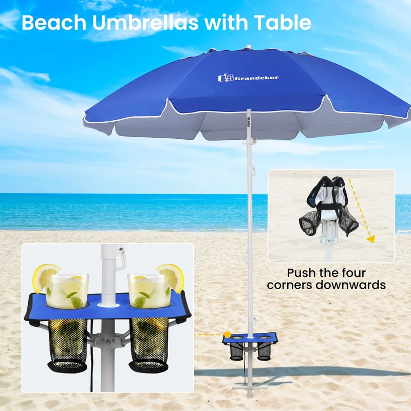7ft | Built-in Table Tray & Hook | Beach Umbrella