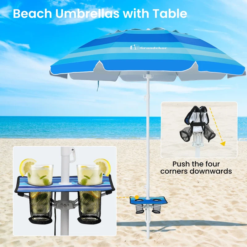 7ft | Built-in Table Tray & Hook | Beach Umbrella