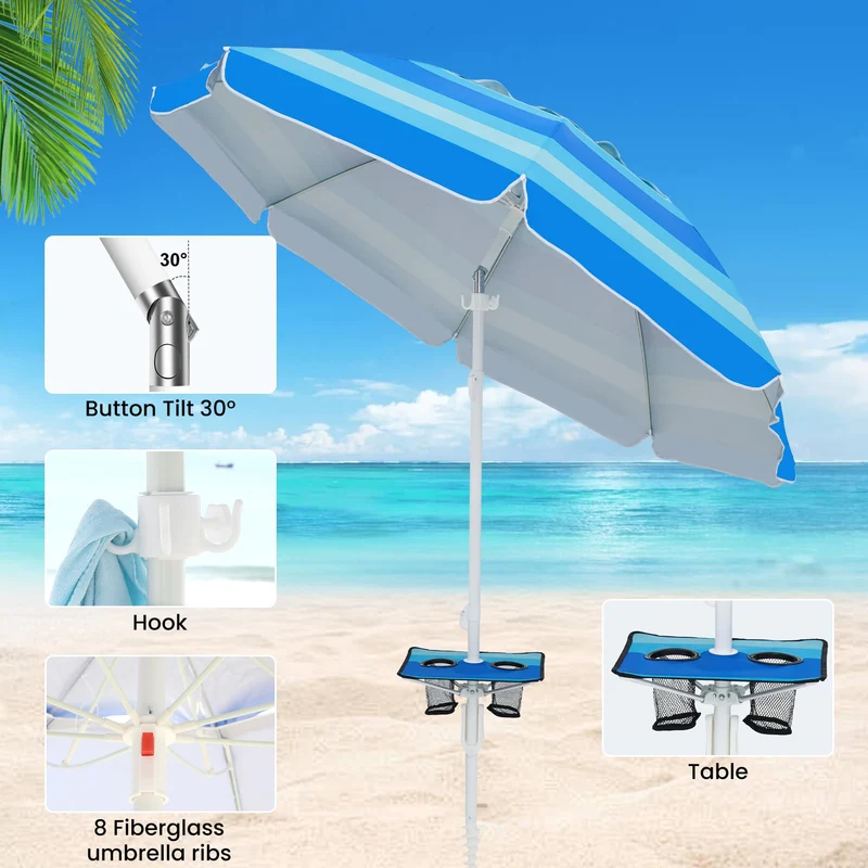 7ft | Built-in Table Tray & Hook | Beach Umbrella