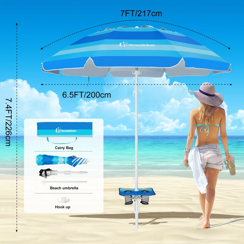 7ft | Built-in Table Tray & Hook | Beach Umbrella