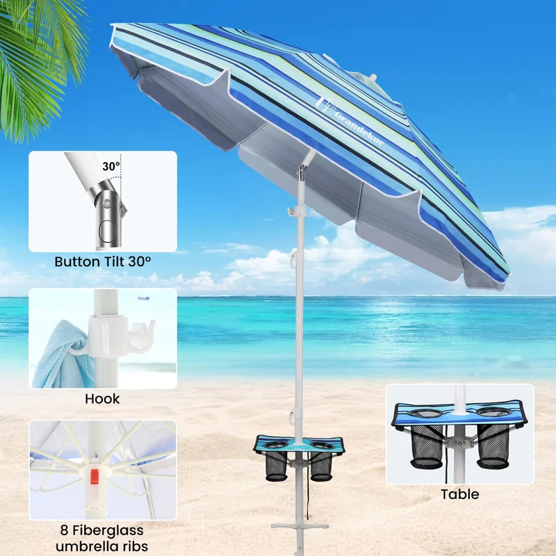 7ft | Built-in Table Tray & Hook | Beach Umbrella