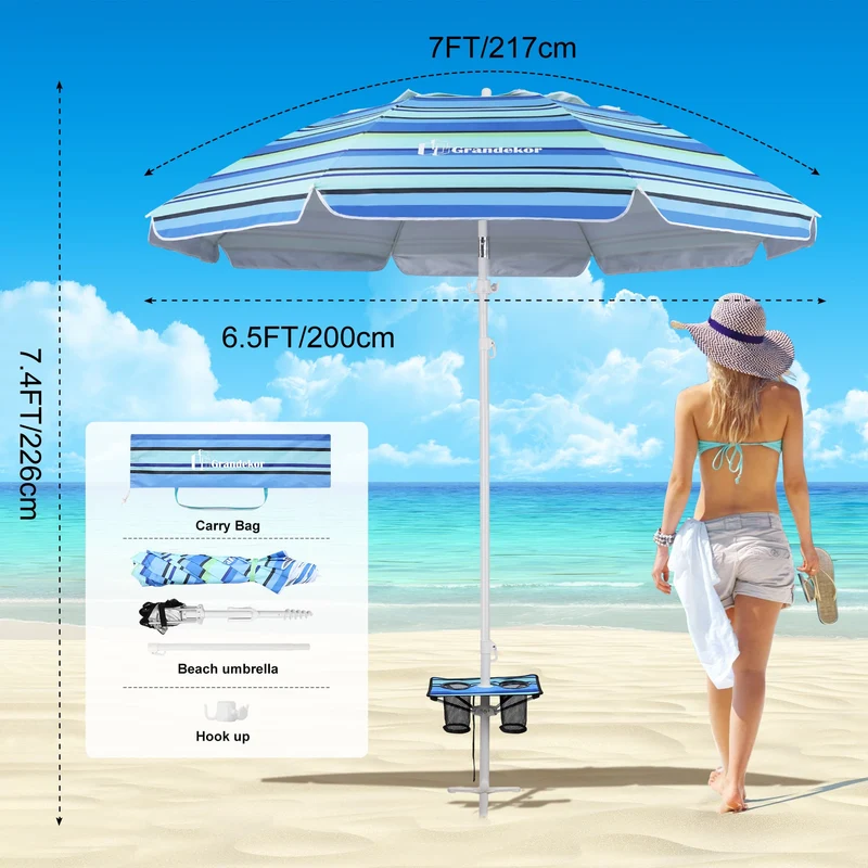 7ft | Built-in Table Tray & Hook | Beach Umbrella