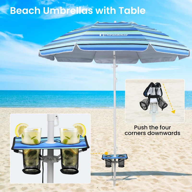 7ft | Built-in Table Tray & Hook | Beach Umbrella