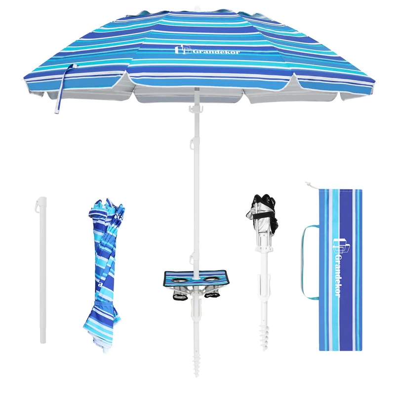 7ft | Built-in Table Tray & Hook | Beach Umbrella