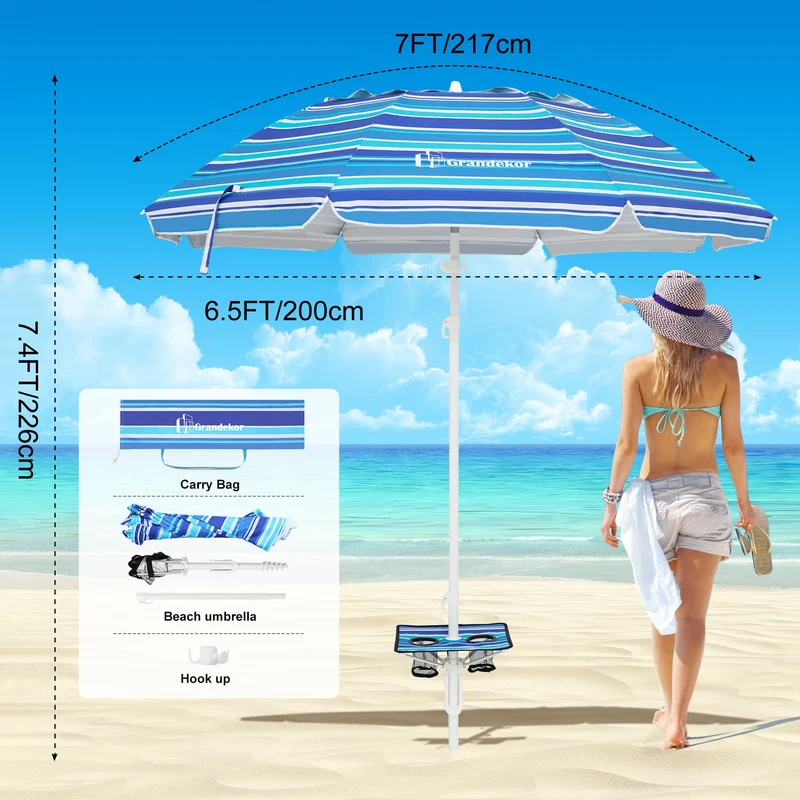 7ft | Built-in Table Tray & Hook | Beach Umbrella
