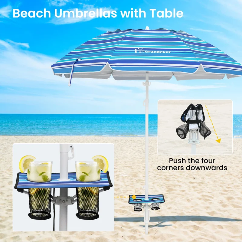 7ft | Built-in Table Tray & Hook | Beach Umbrella