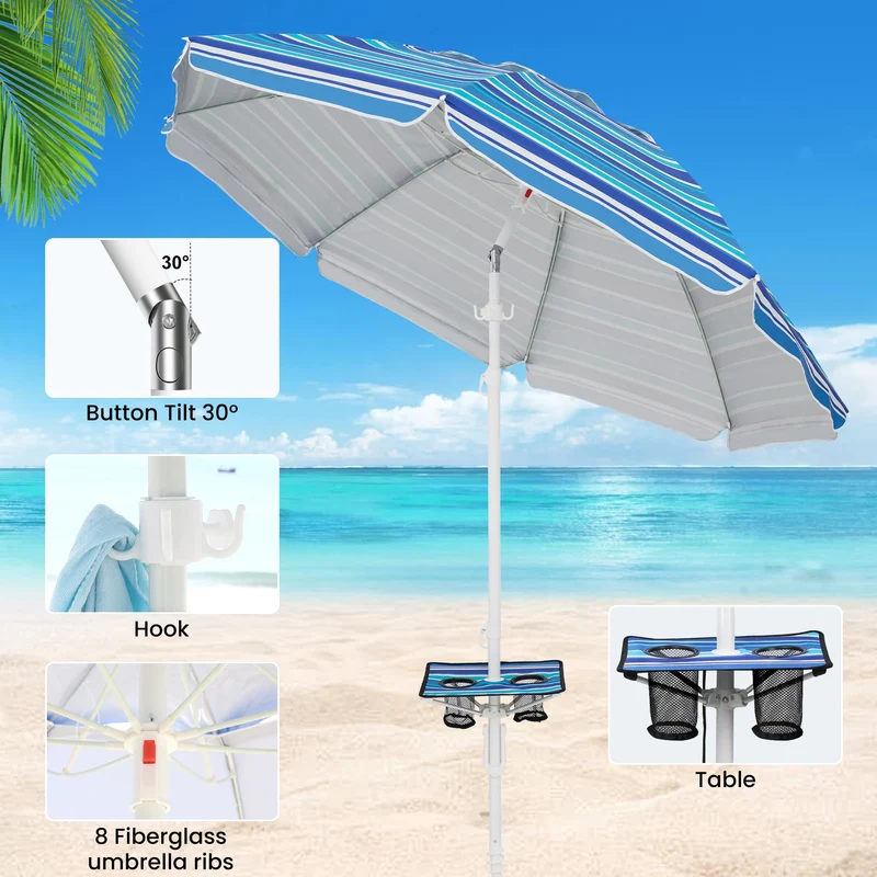 7ft | Built-in Table Tray & Hook | Beach Umbrella