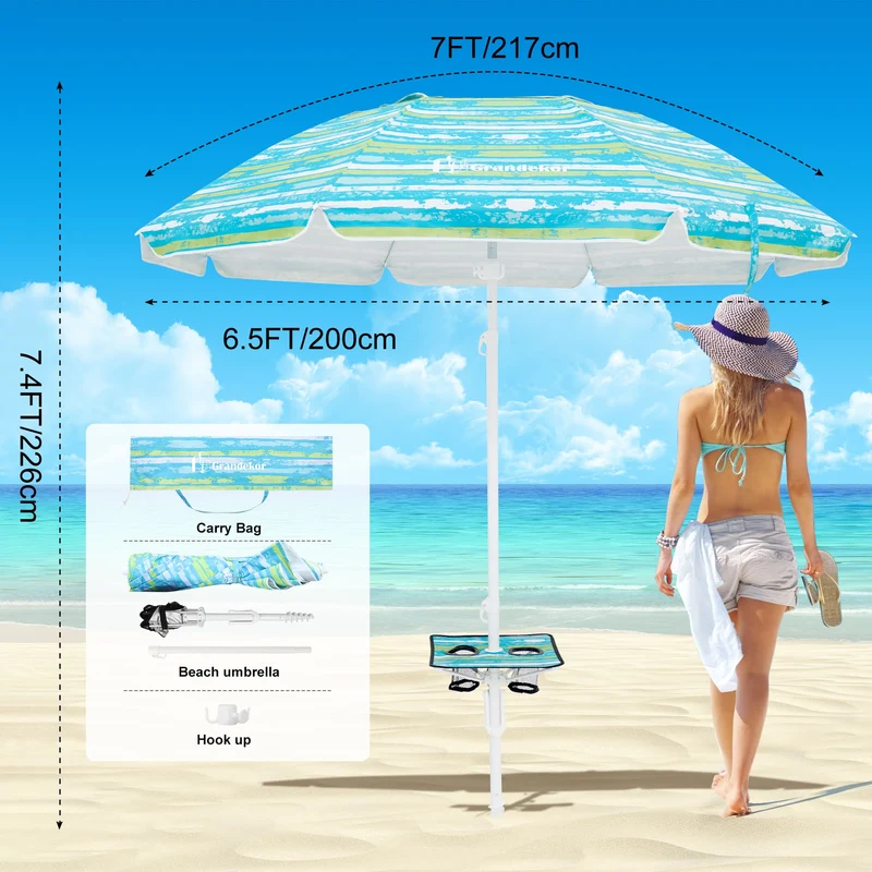7ft | Built-in Table Tray & Hook | Beach Umbrella