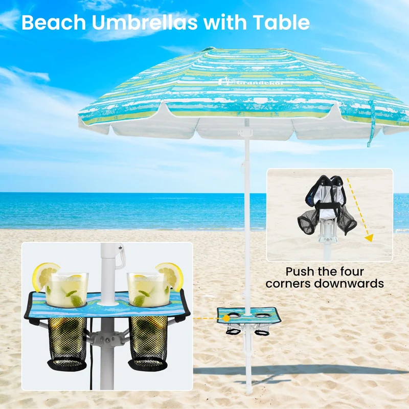 7ft | Built-in Table Tray & Hook | Beach Umbrella