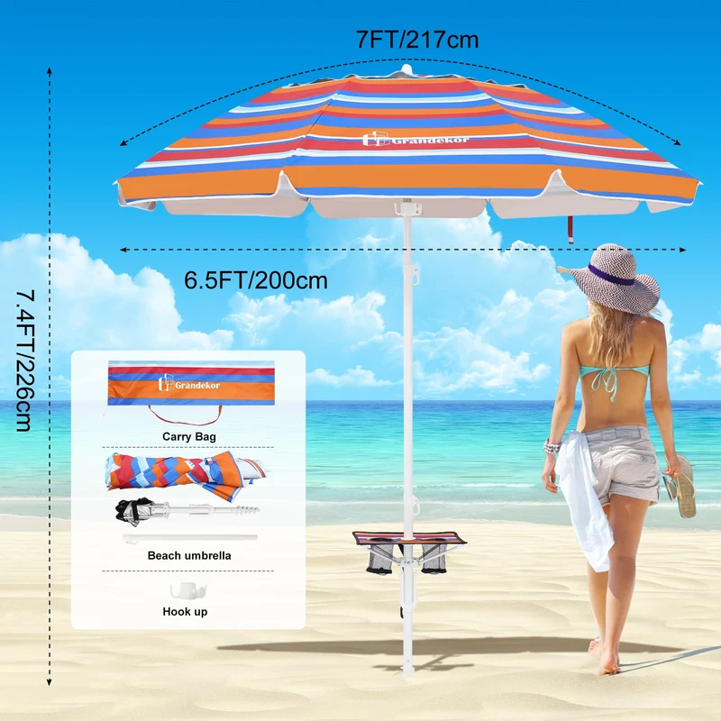 7ft | Built-in Table Tray & Hook | Beach Umbrella