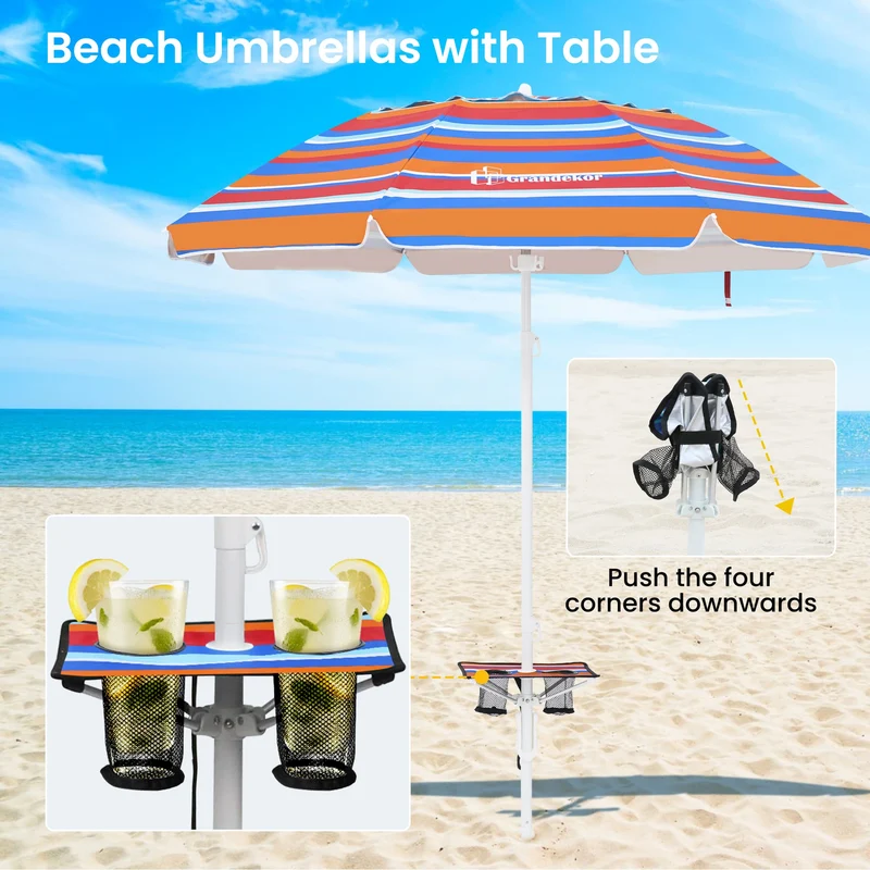 7ft | Built-in Table Tray & Hook | Beach Umbrella