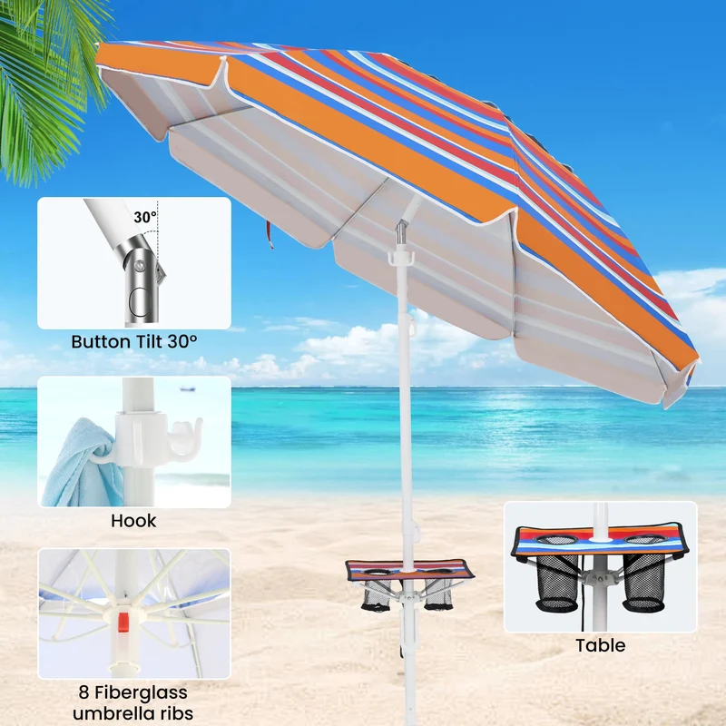 7ft | Built-in Table Tray & Hook | Beach Umbrella