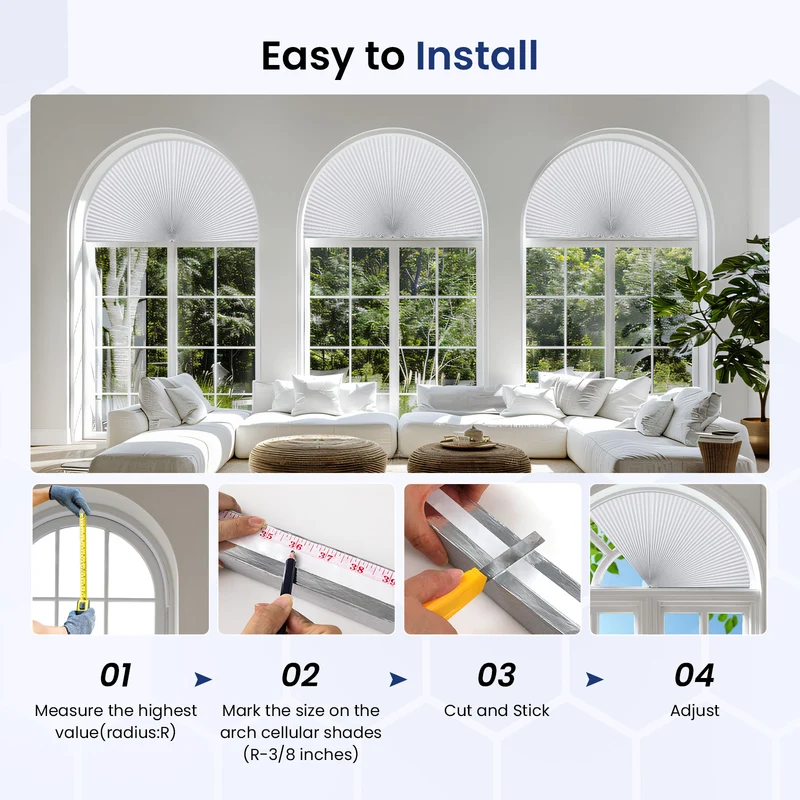 Blackout | Trim-to-Fit | Peel and Stick | Arch Cellular Shades | White