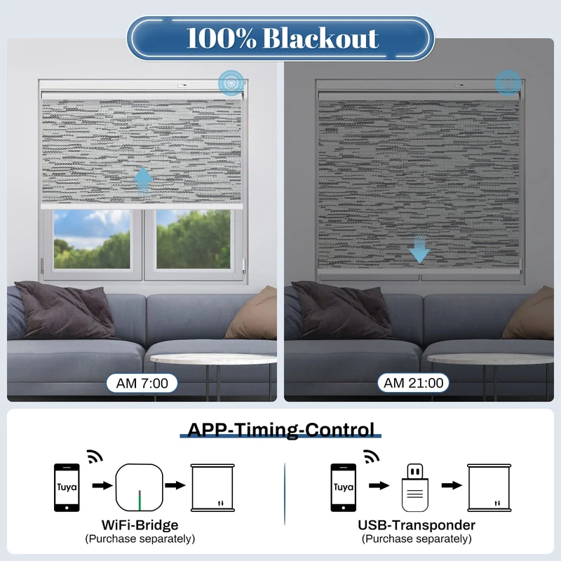 Motorized | Blackout | Rechargeable | Roller Shades | Textured Fabric | Customizable