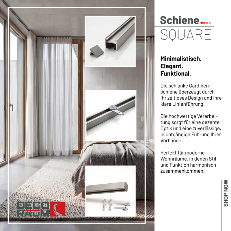 Gardinenschiene Innenlauf auf Maß 1-läufig Edelstahl-optik Serie Square