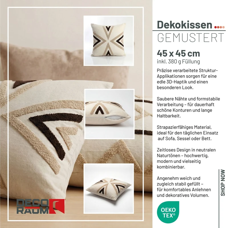Dekokissen Nordic Arrow Beige 45x45 cm mit Füllung | OEKO-TEX®