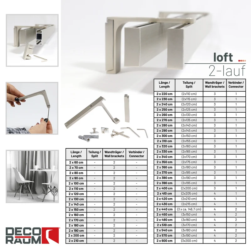 Gardinenschiene Innenlauf auf Maß 2-läufig Edelstahl-optik - Serie Loft