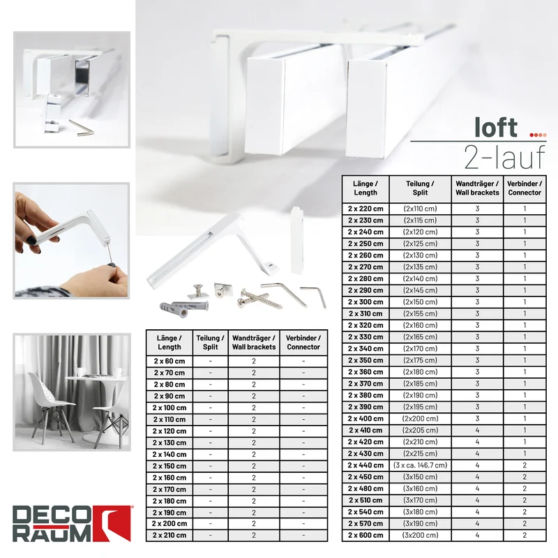 Gardinenschiene Innenlauf auf Maß 2-läufig Weiß - Serie Loft