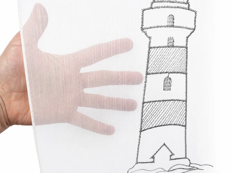 Design Mini Flächenvorhang Set weiß bestickt Leuchtturm grau 4142