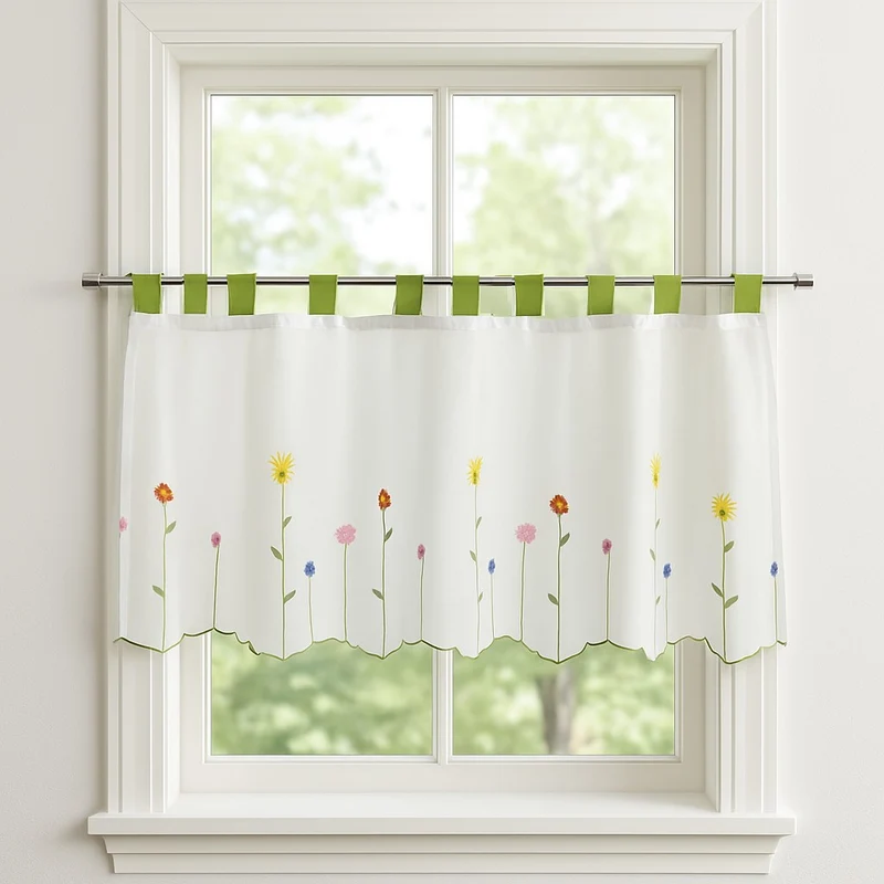 Scheibengardine bestickt Blumen Schlaufen Bistrogardine Panneaux HxB 48x140cm