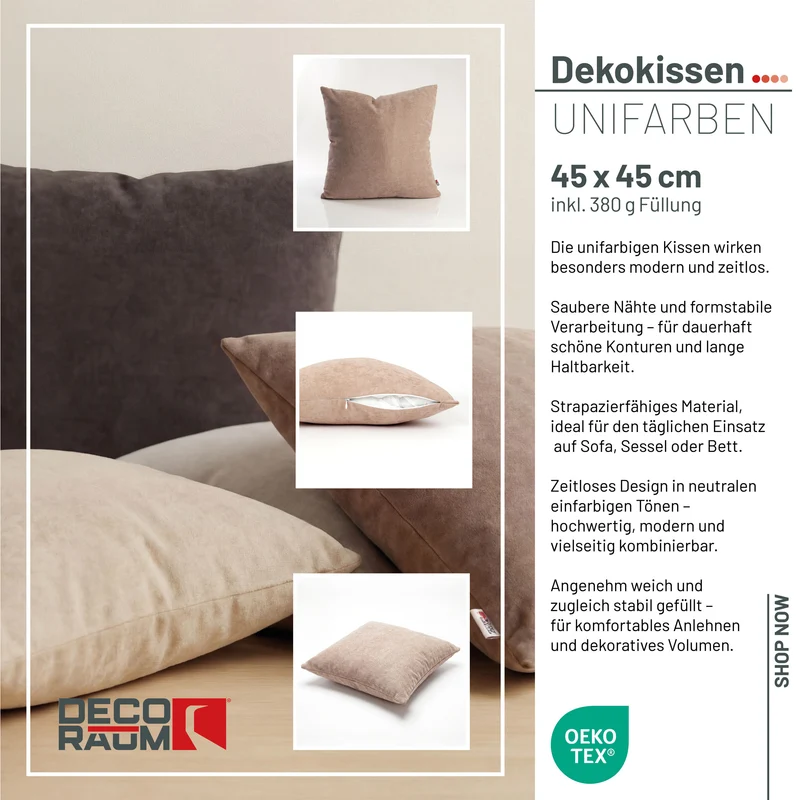 Dekokissen Uni Cappuccino 45x45 cm mit Füllung | OEKO-TEX®