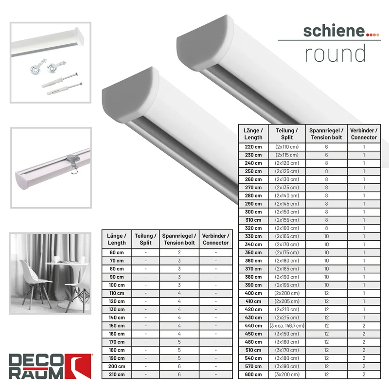 Gardinenschiene Innenlauf auf Maß 1-läufig Weiß - Serie Round