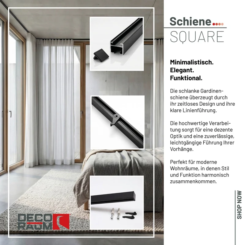 Gardinenschiene Innenlauf auf Maß 1-läufig Schwarz - Serie Square